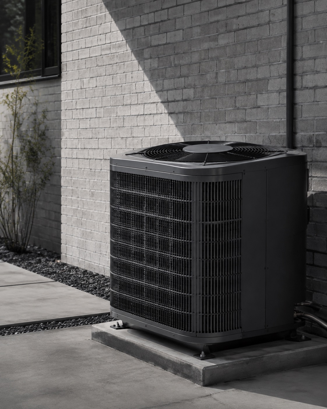 Graphite HVAC condenser beside a light brick exterior wall