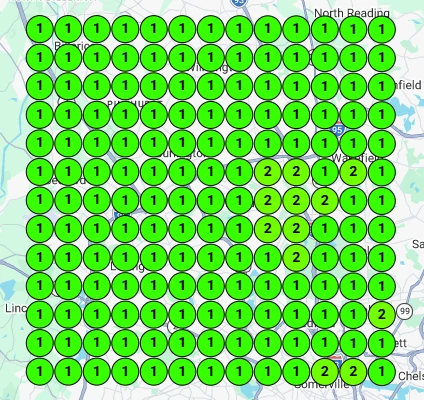 Google ranking grid — plumber ranked #1 across Middlesex County, MA