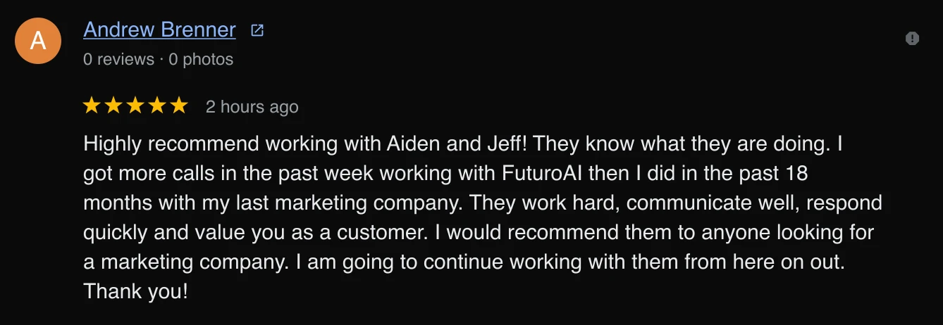 Five-star Google review from Andrew Brenner for FuturoAI